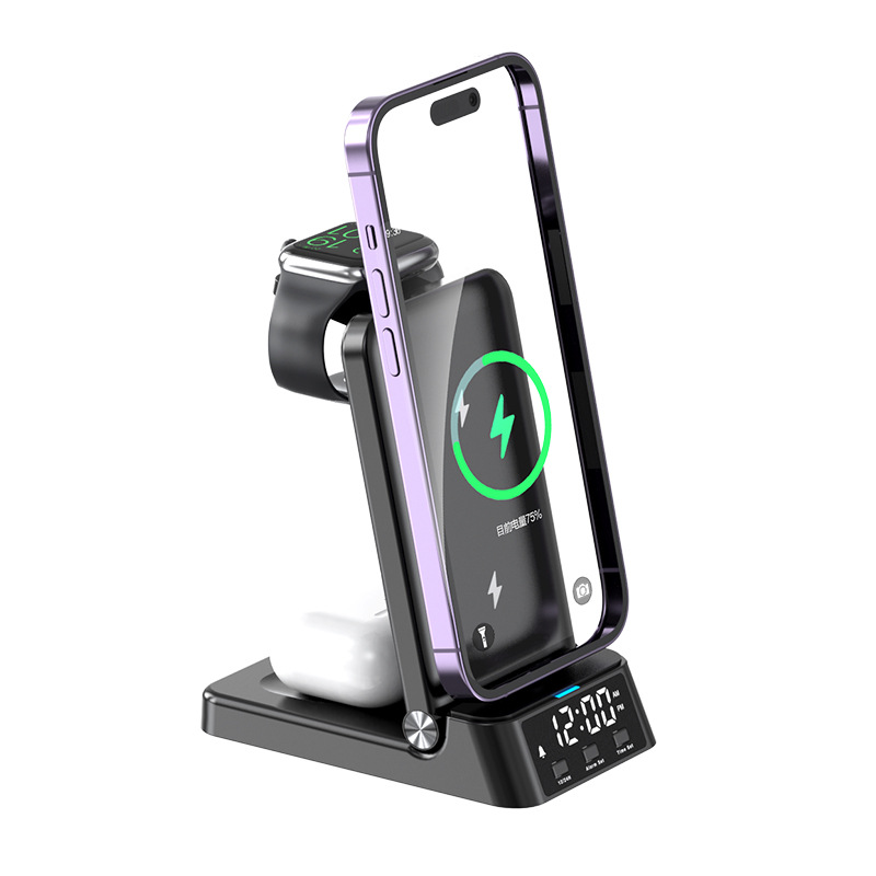 Picture of 3 in 1 Qi certified QC3 fast Wireless Charge station with Alarm clock, compatible for iPhone14/13/12/11/X/8, iWatch Series and Airpods 3/2 Pro